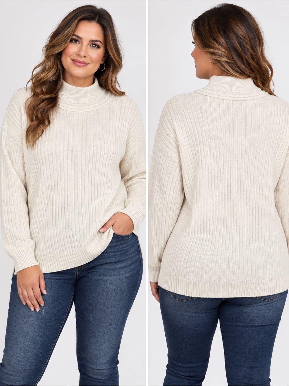 H.E.R. Ivory Ribbed Mock Neck Sweater Women's M/M Vintage Style